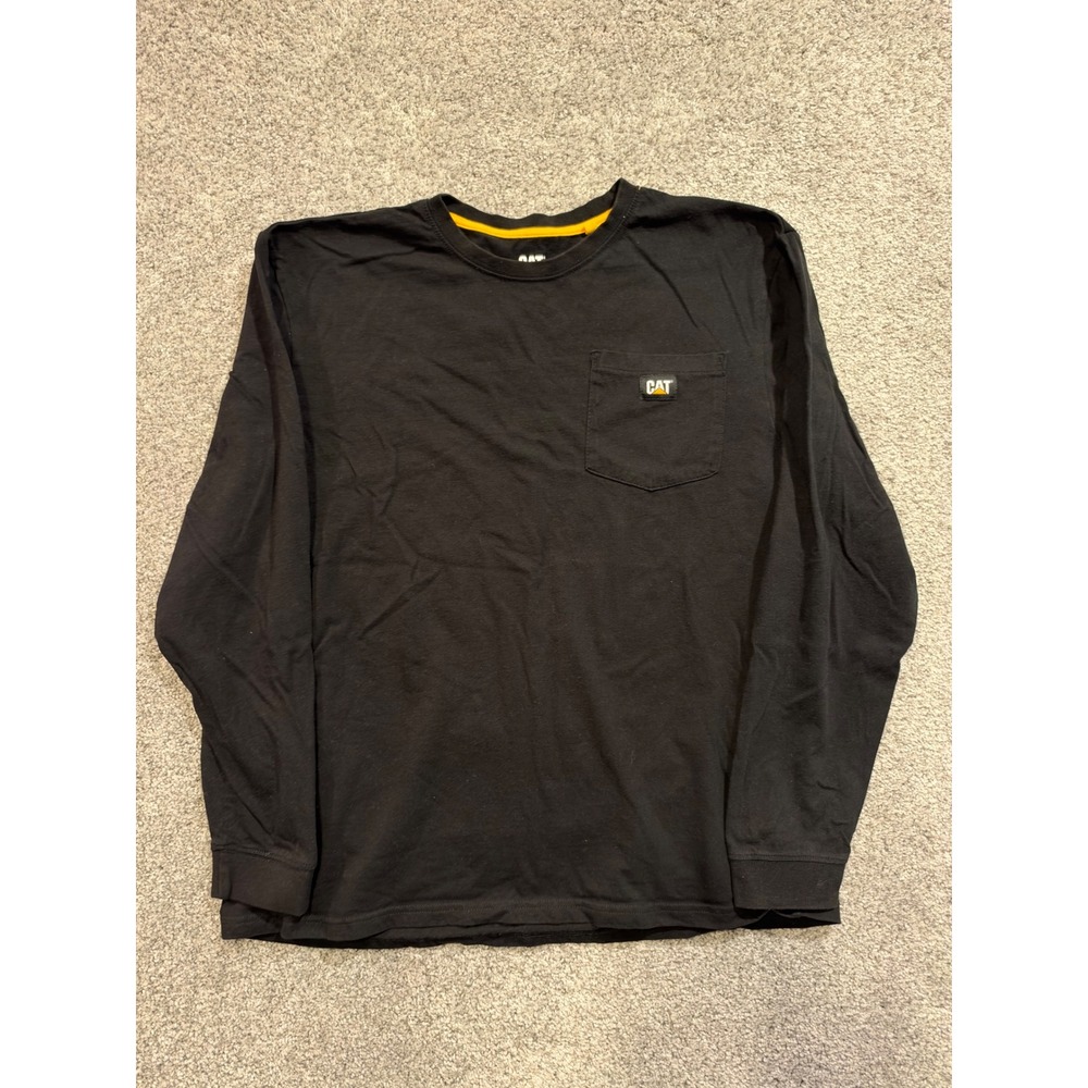 CAT T-Shirt Mens XL Black Long Sleeve Pocket Tee Cotton Workwear Logo